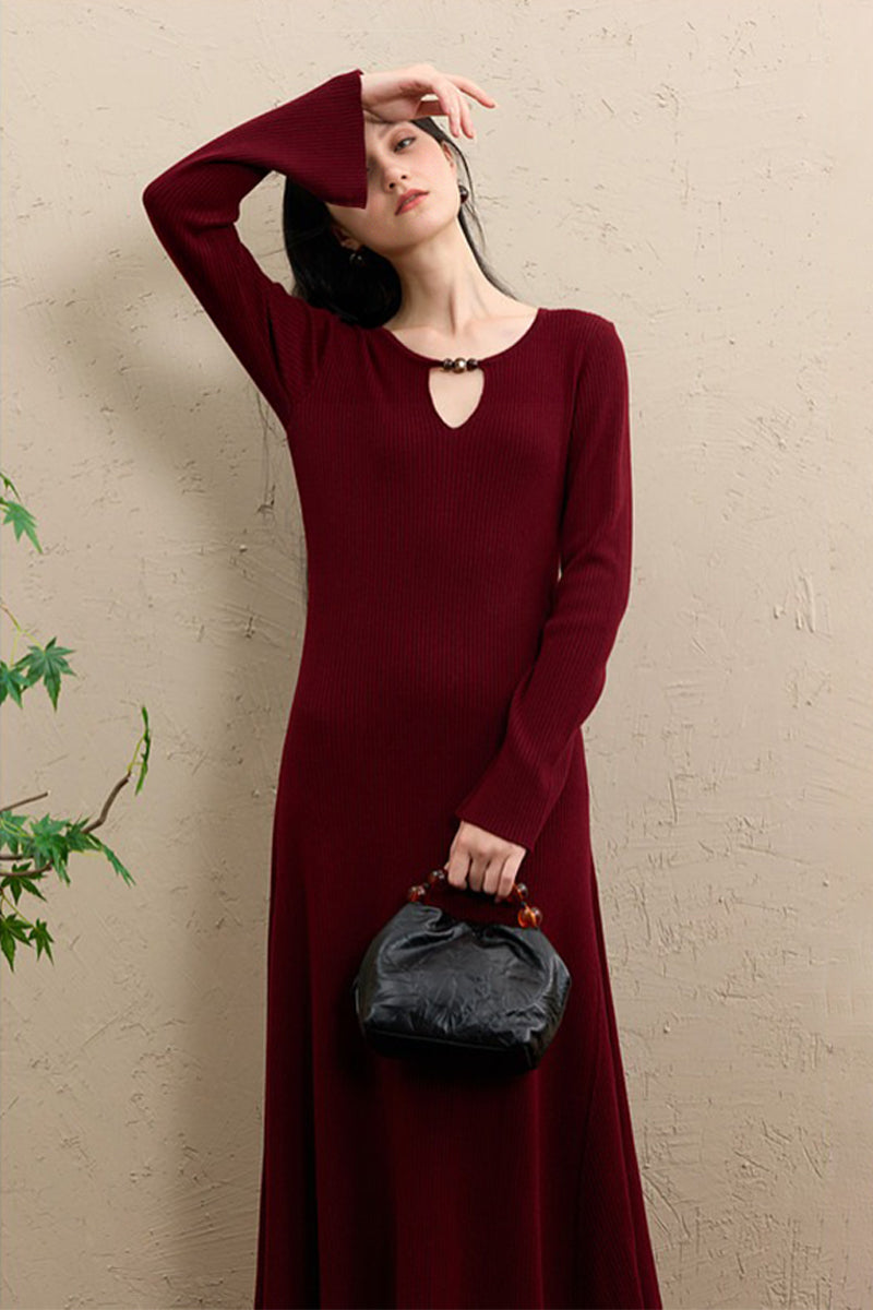 Burgundy Long Sleeve Keyhole Midi Sweater Dress