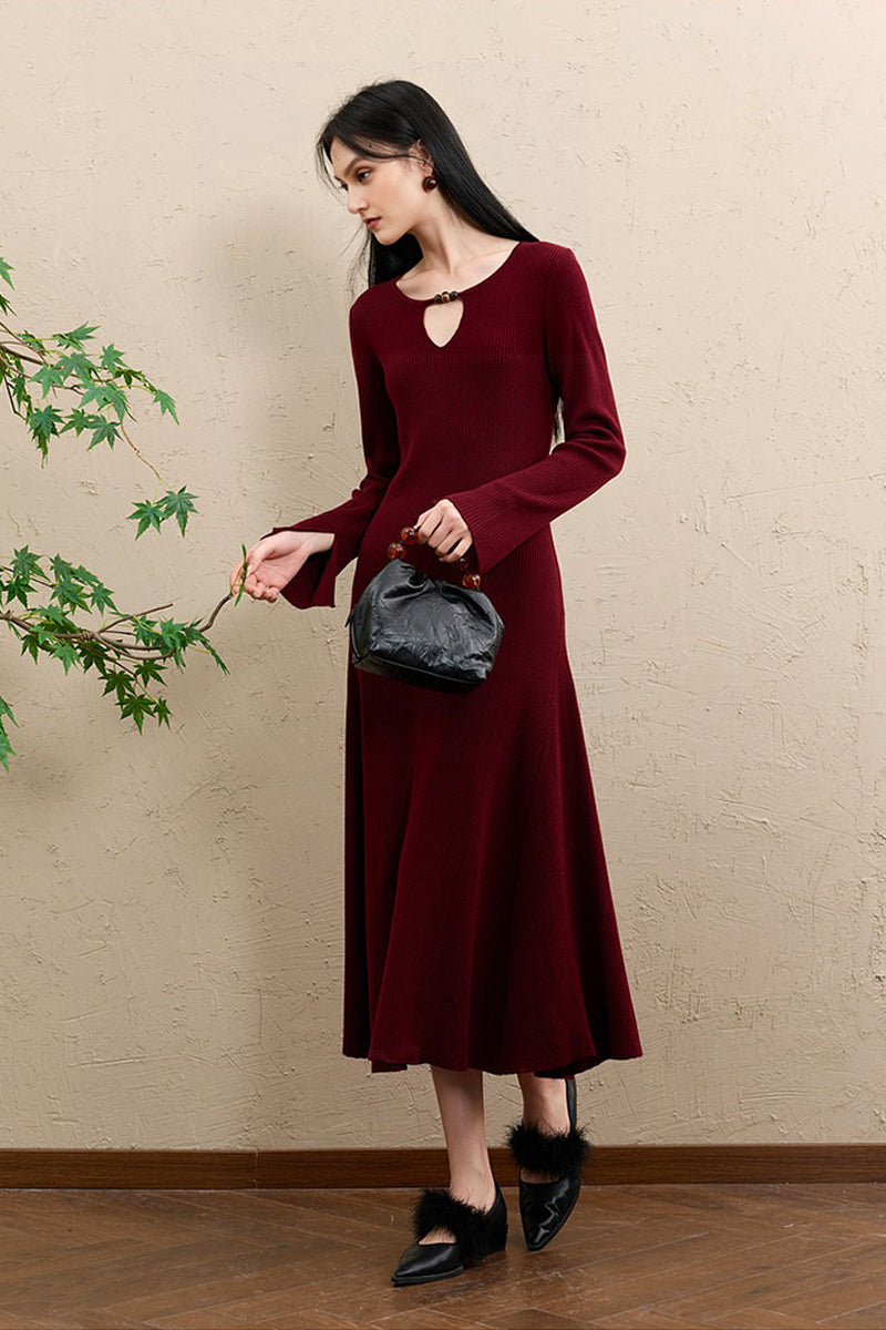 Burgundy Long Sleeve Keyhole Midi Sweater Dress