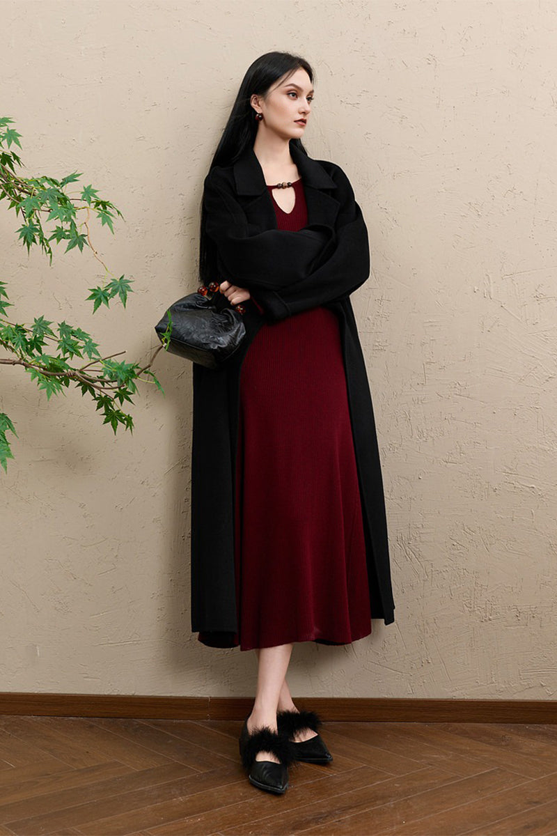 Burgundy Long Sleeve Keyhole Midi Sweater Dress
