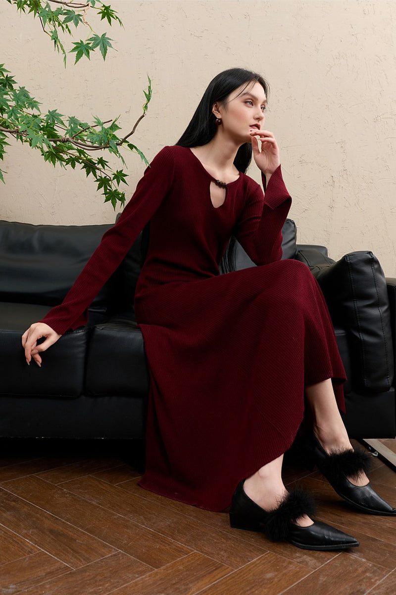 Burgundy Long Sleeve Keyhole Midi Sweater Dress