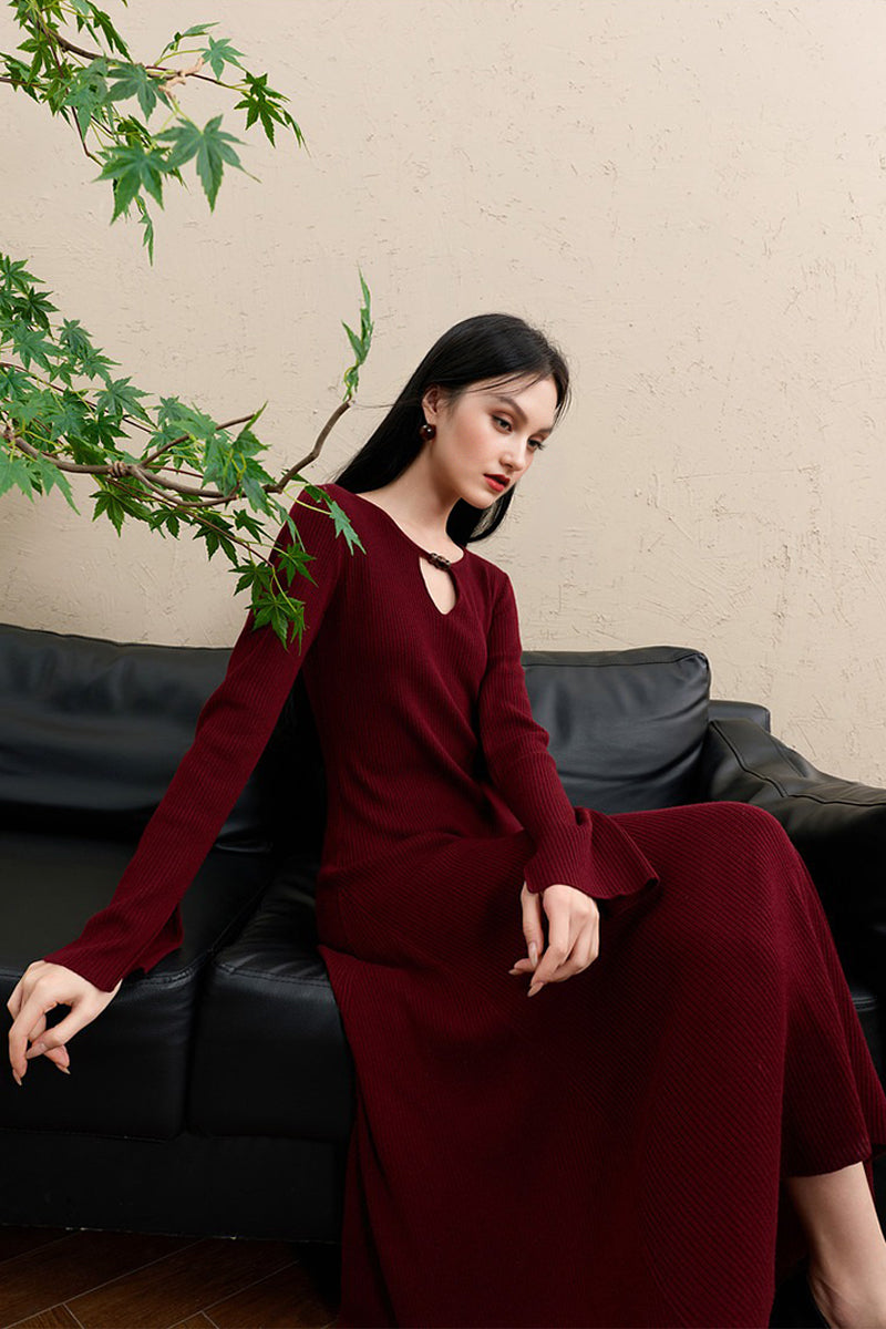 Burgundy Long Sleeve Keyhole Midi Sweater Dress