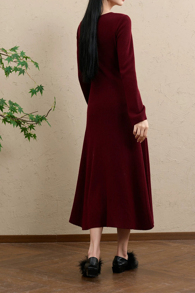 Burgundy Long Sleeve Keyhole Midi Sweater Dress