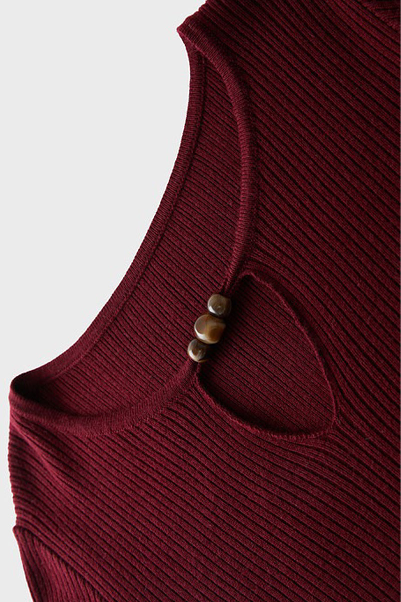 Burgundy Long Sleeve Keyhole Midi Sweater Dress