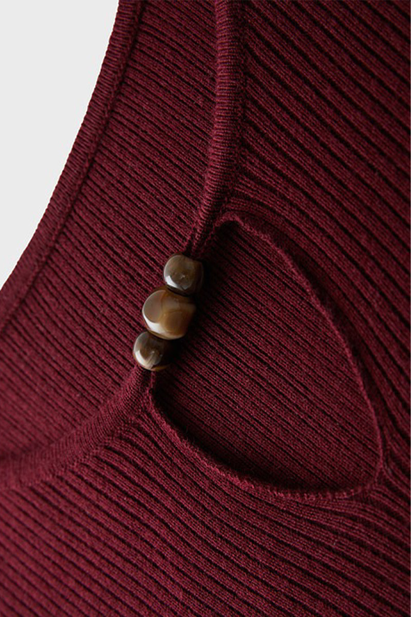 Burgundy Long Sleeve Keyhole Midi Sweater Dress