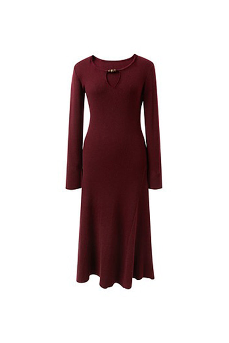 Burgundy Long Sleeve Keyhole Midi Sweater Dress