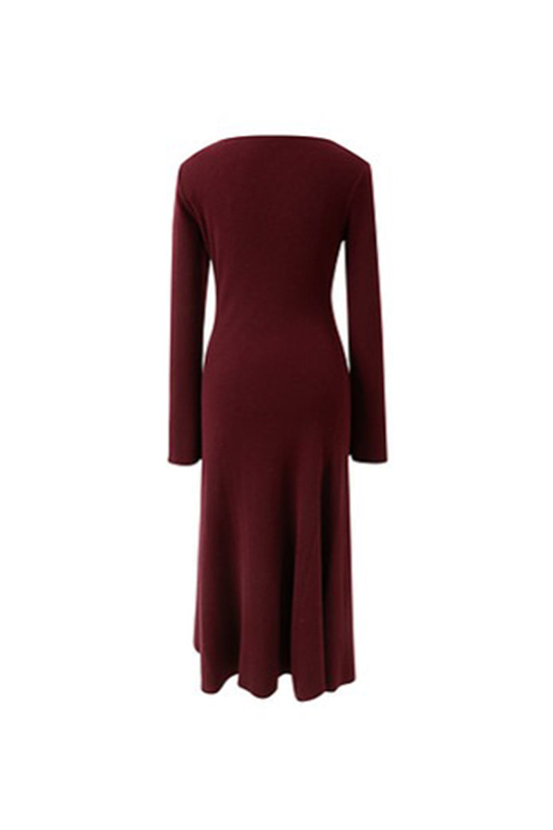 Burgundy Long Sleeve Keyhole Midi Sweater Dress