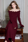 Burgundy Long Sleeve Off-Shoulder Maxi Sweater Dress with Scarf