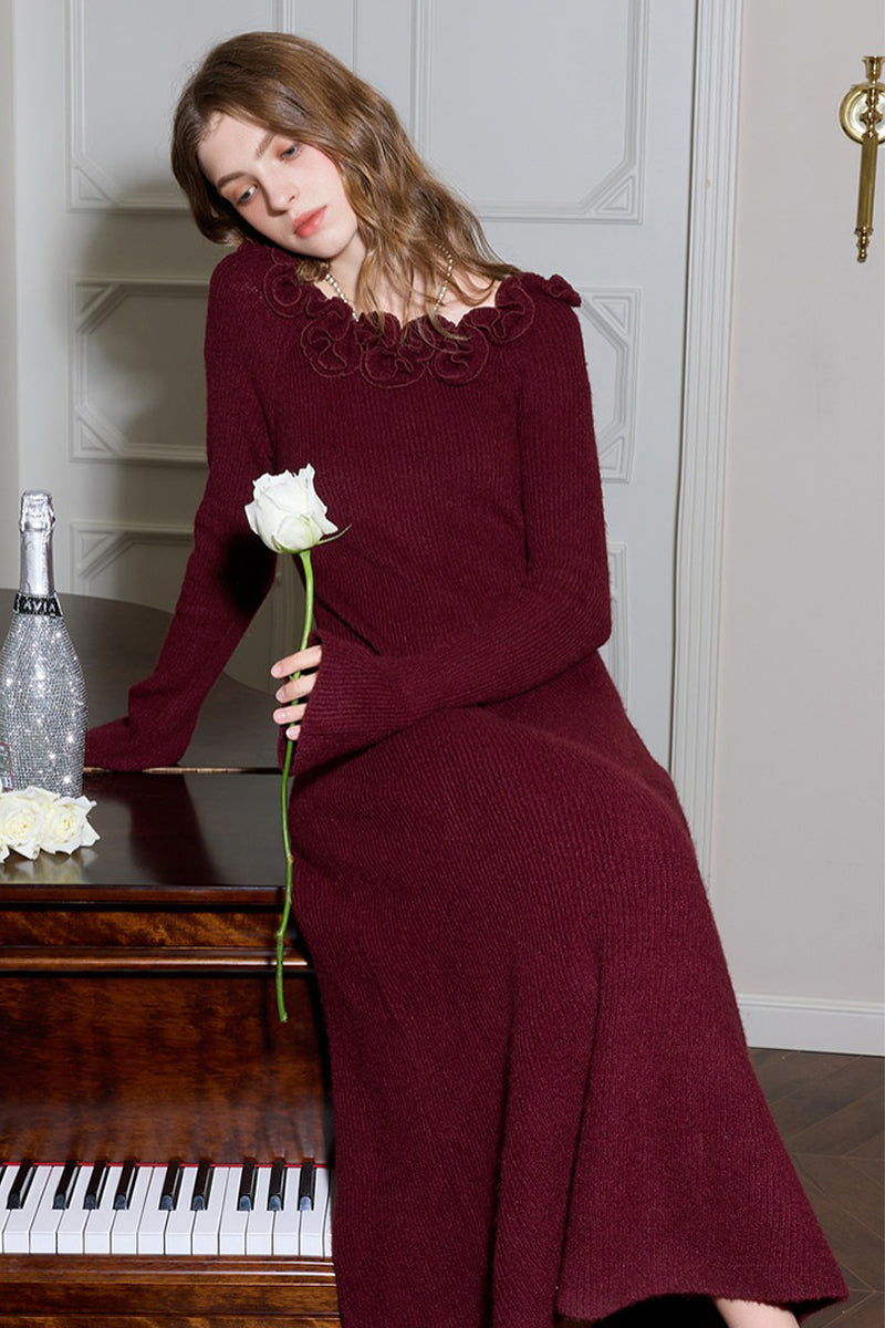 Burgundy Long Sleeve Off-Shoulder Maxi Sweater Dress with Scarf