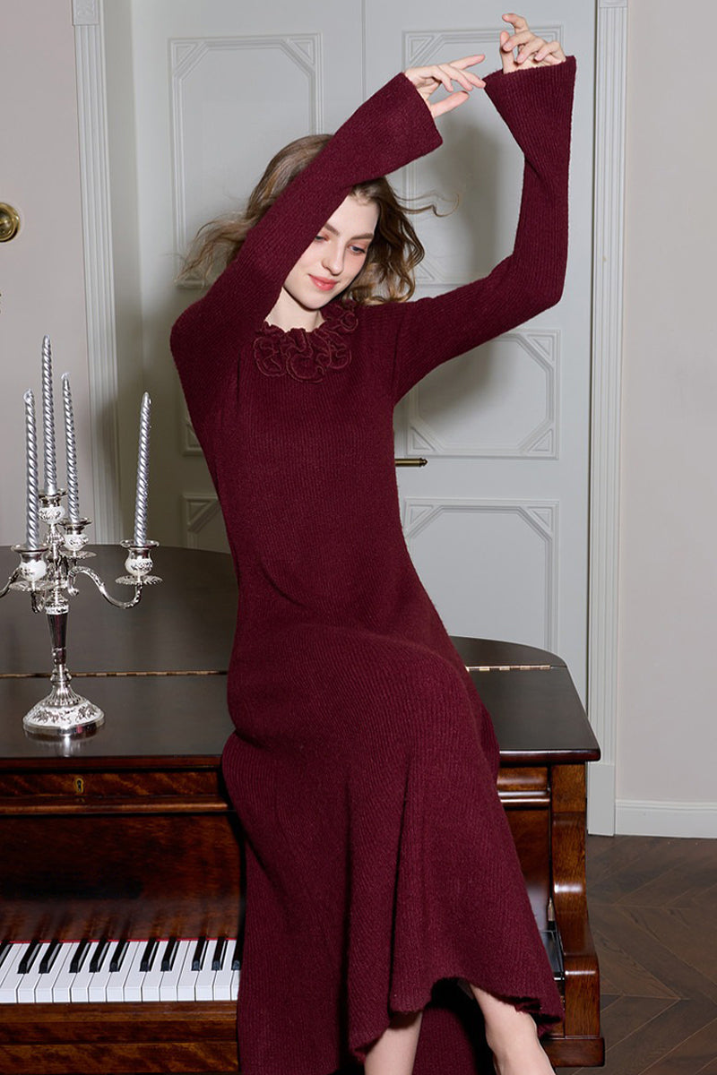 Burgundy Long Sleeve Off-Shoulder Maxi Sweater Dress with Scarf