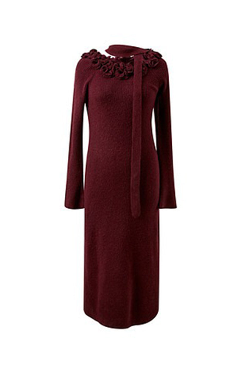 Burgundy Long Sleeve Off-Shoulder Maxi Sweater Dress with Scarf