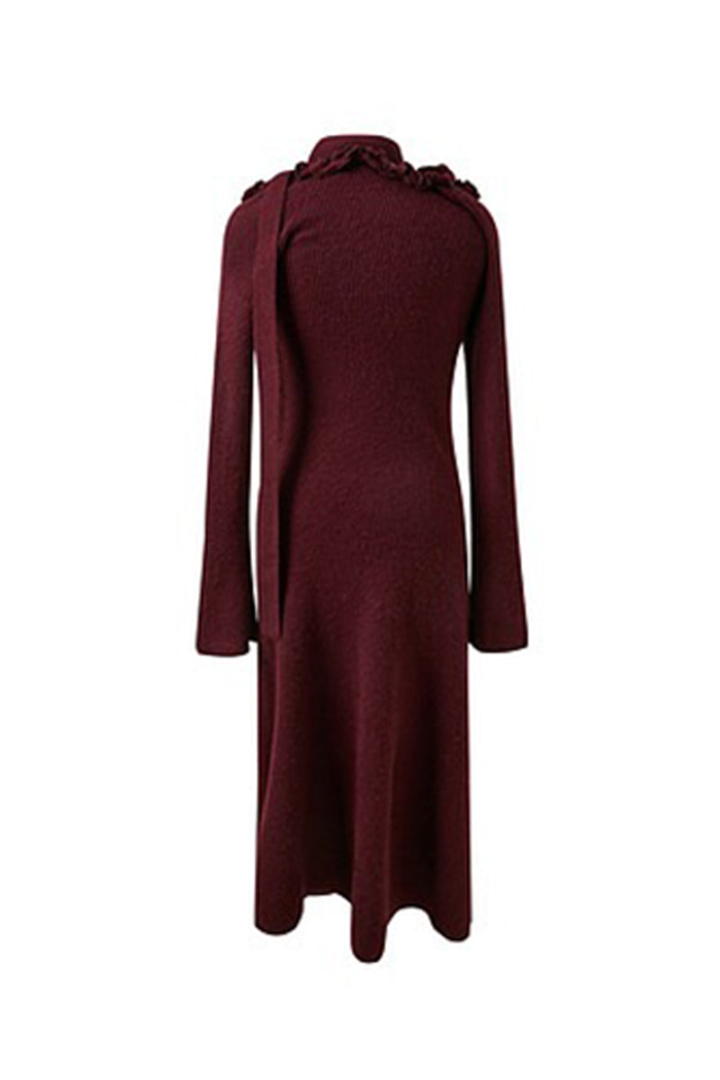 Burgundy Long Sleeve Off-Shoulder Maxi Sweater Dress with Scarf