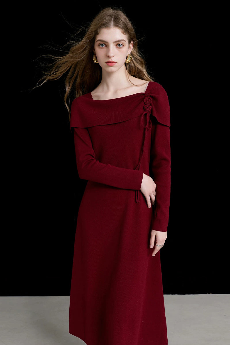 Burgundy Long Sleeve Square-Neck A-Line Sweater Dress