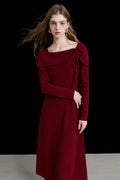 Burgundy Long Sleeve Square-Neck A-Line Sweater Dress