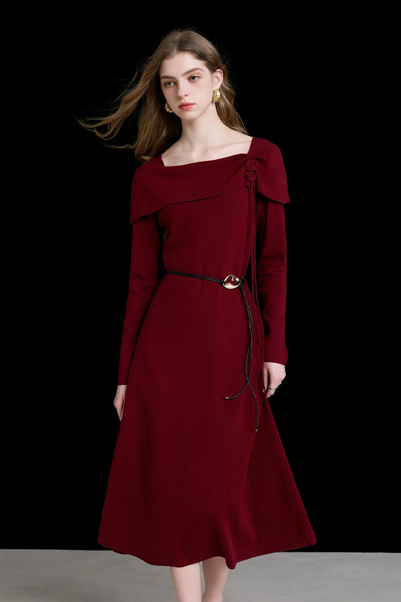 Burgundy Long Sleeve Square-Neck A-Line Sweater Dress