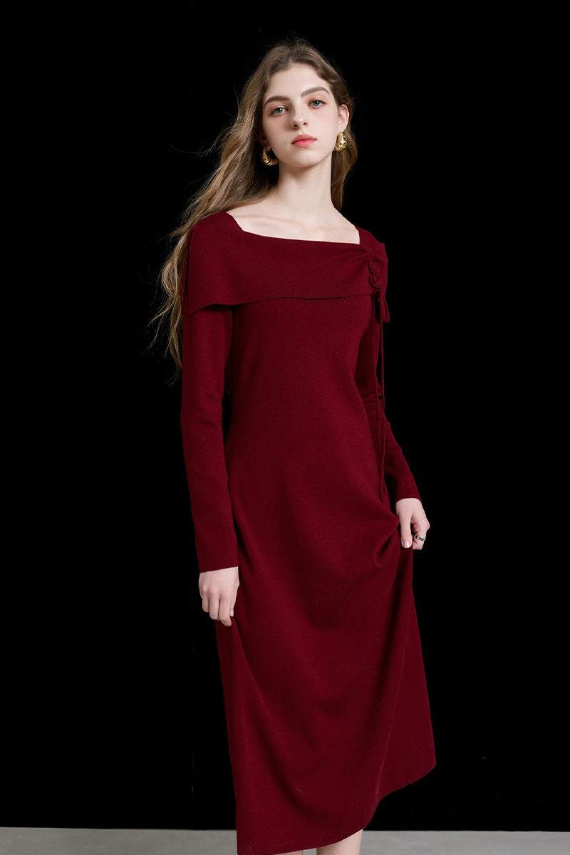 Burgundy Long Sleeve Square-Neck A-Line Sweater Dress