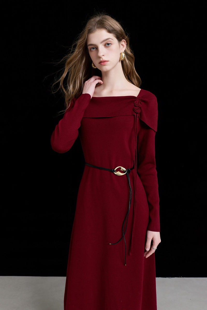 Burgundy Long Sleeve Square-Neck A-Line Sweater Dress