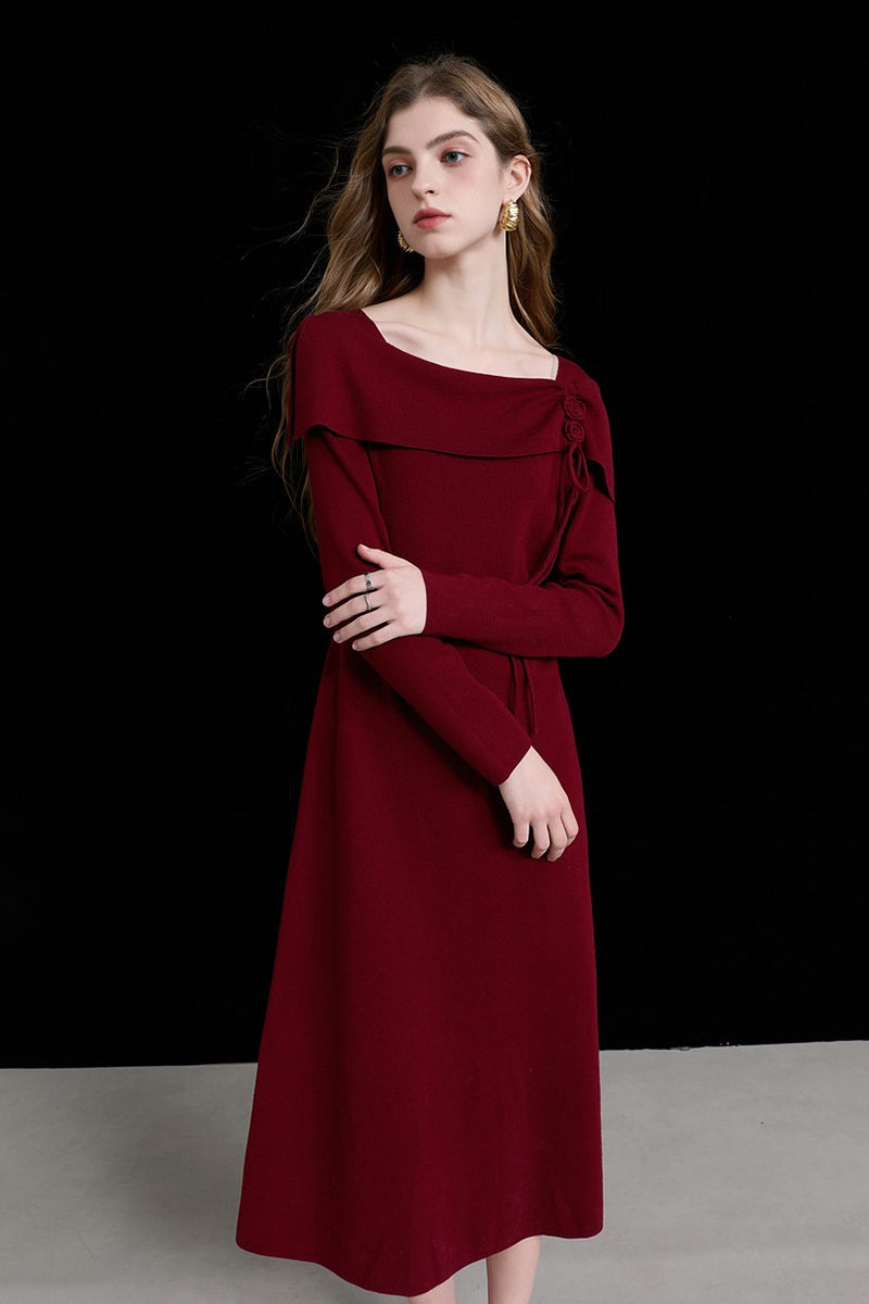 Burgundy Long Sleeve Square-Neck A-Line Sweater Dress