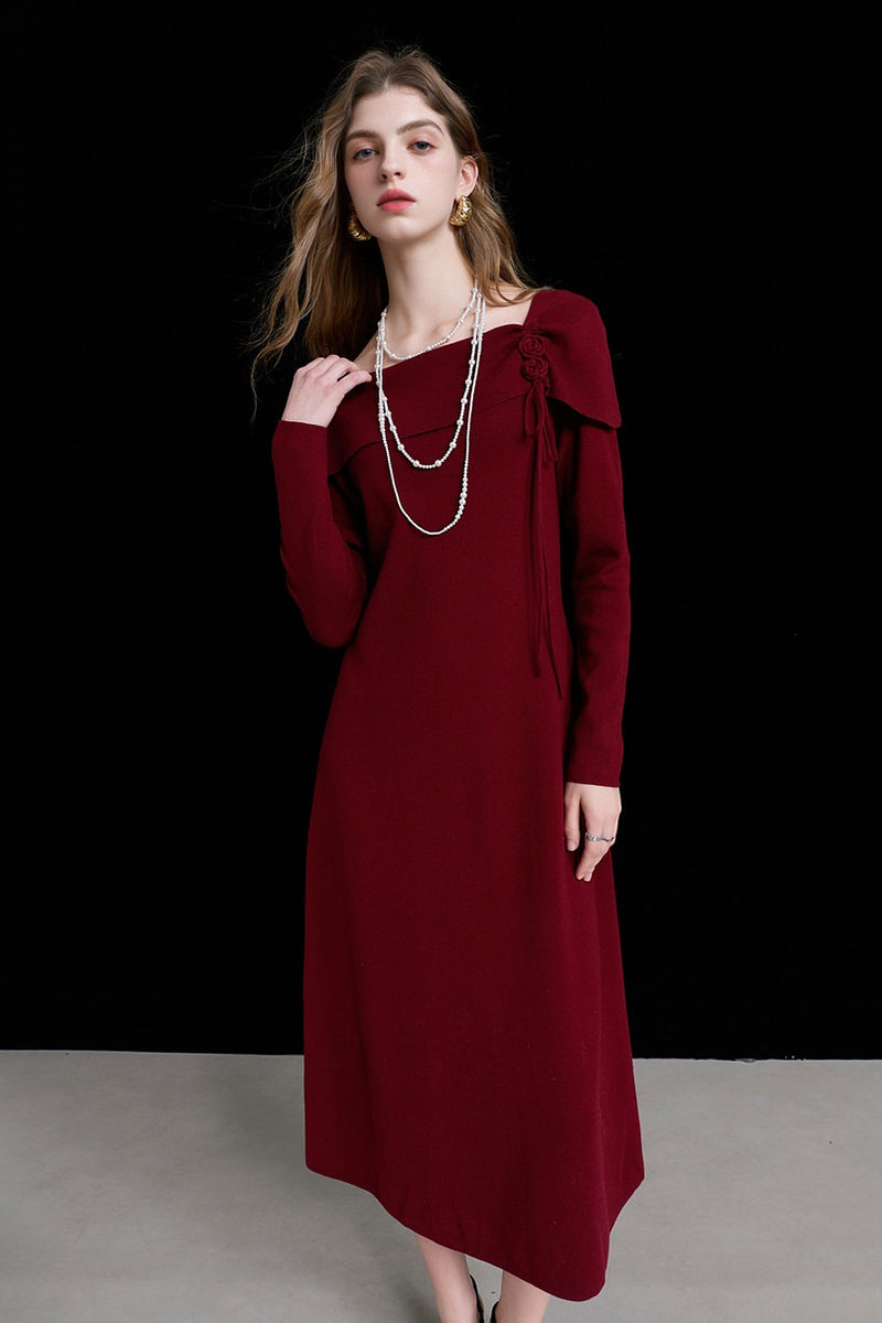 Burgundy Long Sleeve Square-Neck A-Line Sweater Dress