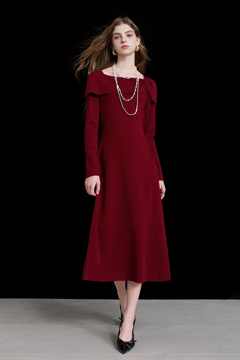 Burgundy Long Sleeve Square-Neck A-Line Sweater Dress