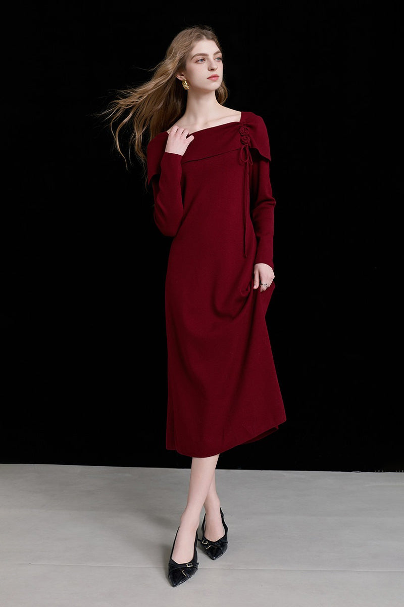 Burgundy Long Sleeve Square-Neck A-Line Sweater Dress