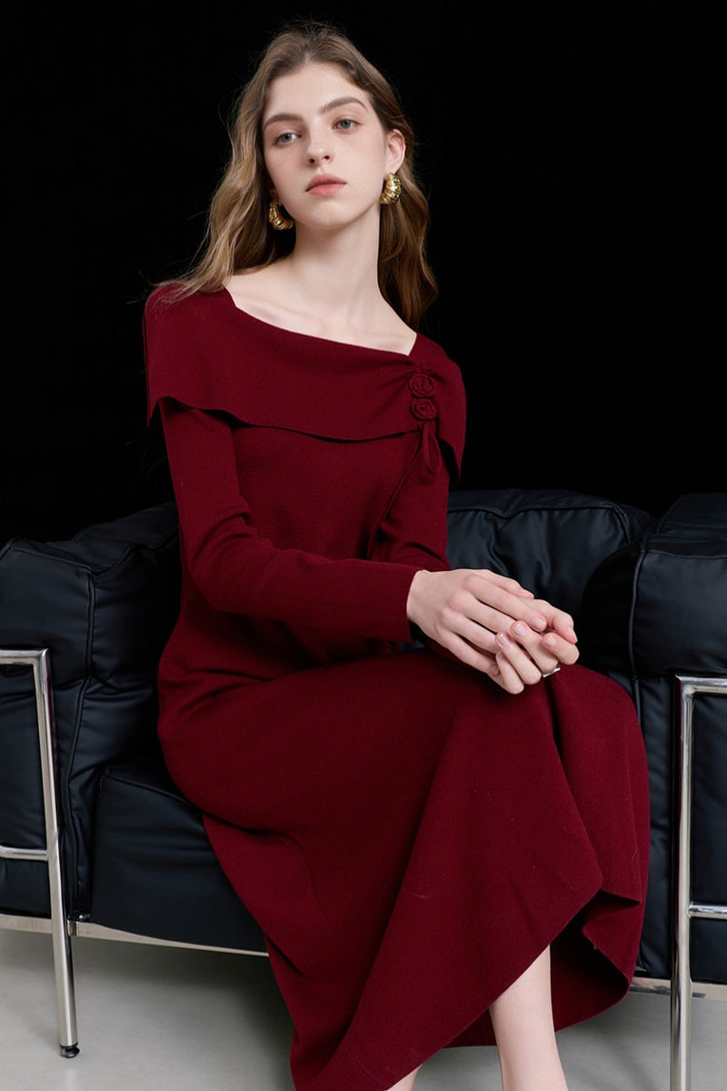 Burgundy Long Sleeve Square-Neck A-Line Sweater Dress