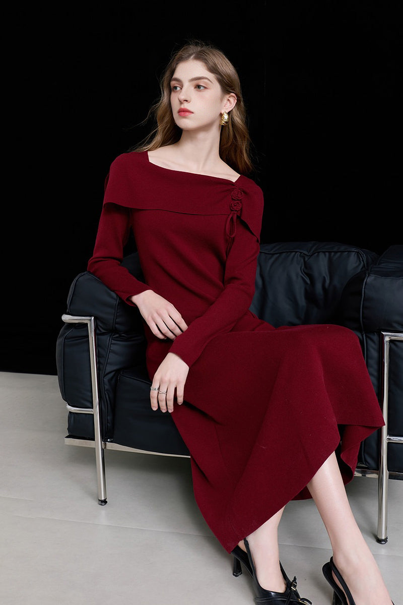 Burgundy Long Sleeve Square-Neck A-Line Sweater Dress