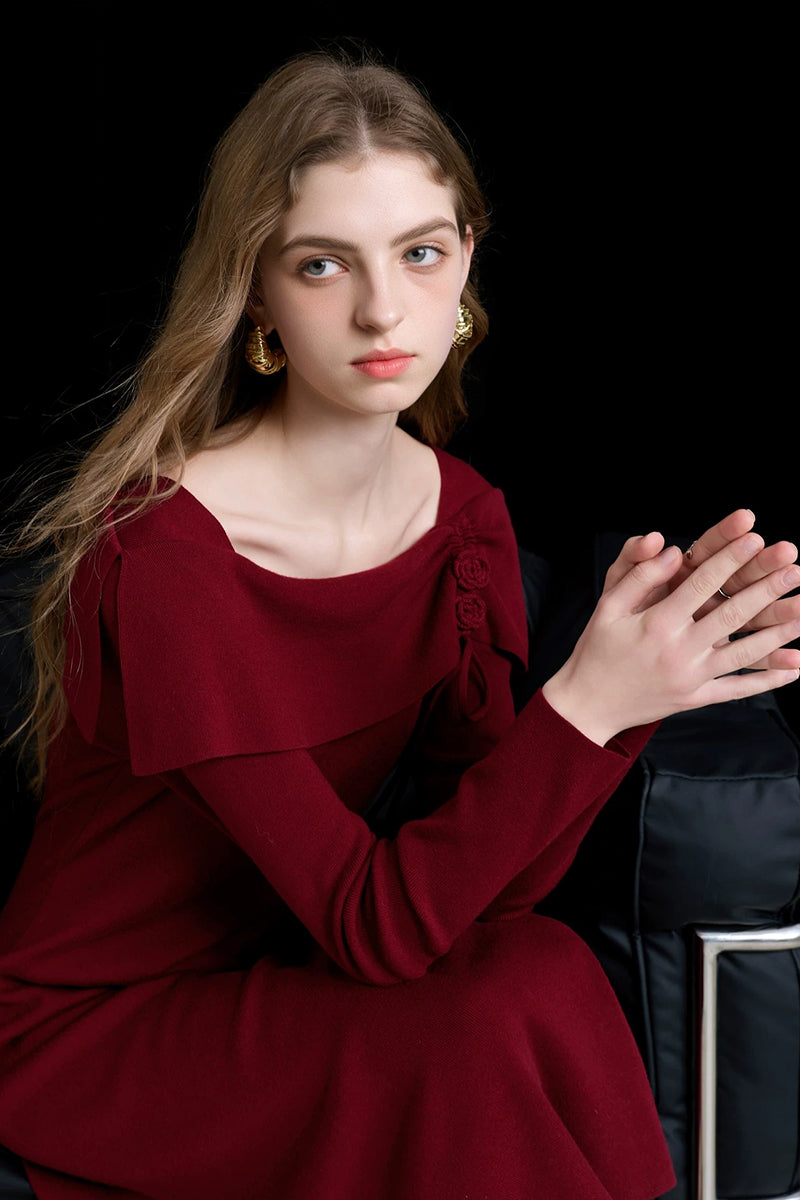 Burgundy Long Sleeve Square-Neck A-Line Sweater Dress