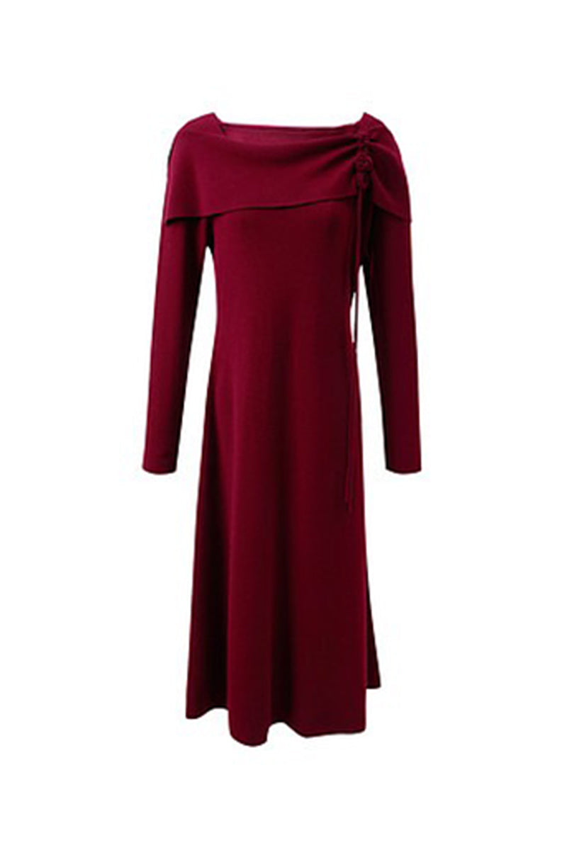 Burgundy Long Sleeve Square-Neck A-Line Sweater Dress