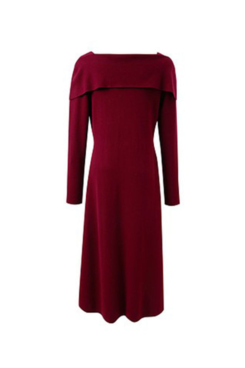Burgundy Long Sleeve Square-Neck A-Line Sweater Dress
