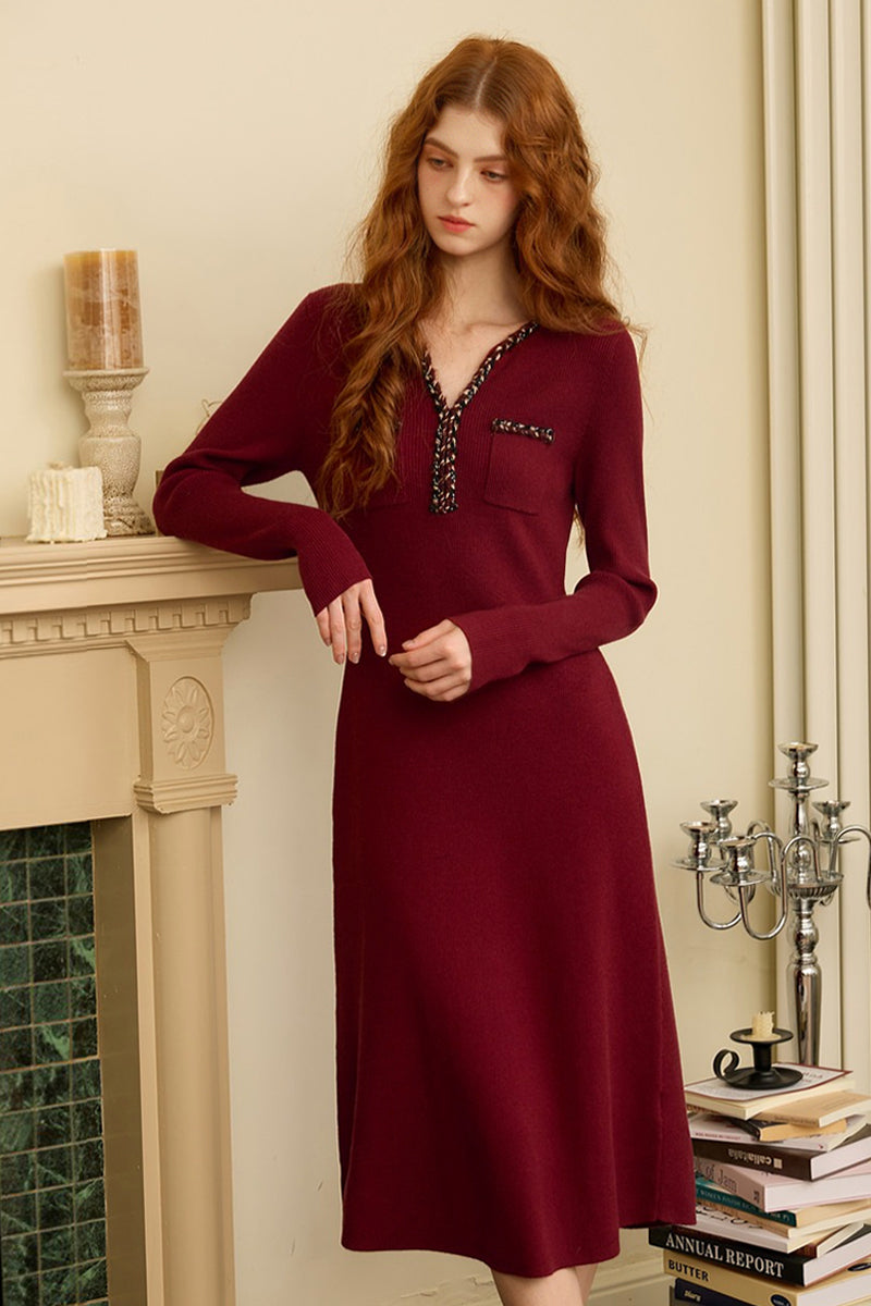 Burgundy Long Sleeve V-Neck Midi Sweater Dress