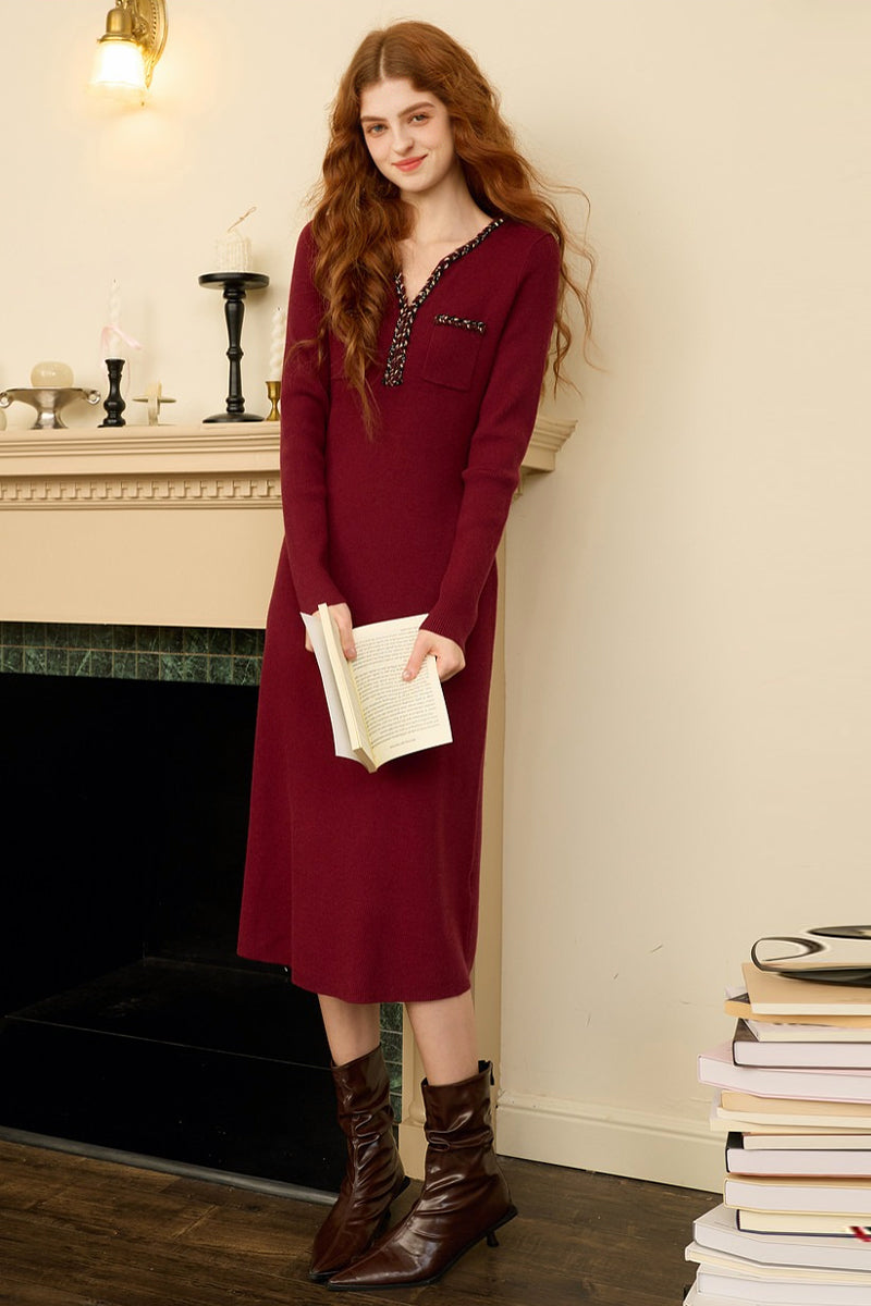 Burgundy Long Sleeve V-Neck Midi Sweater Dress