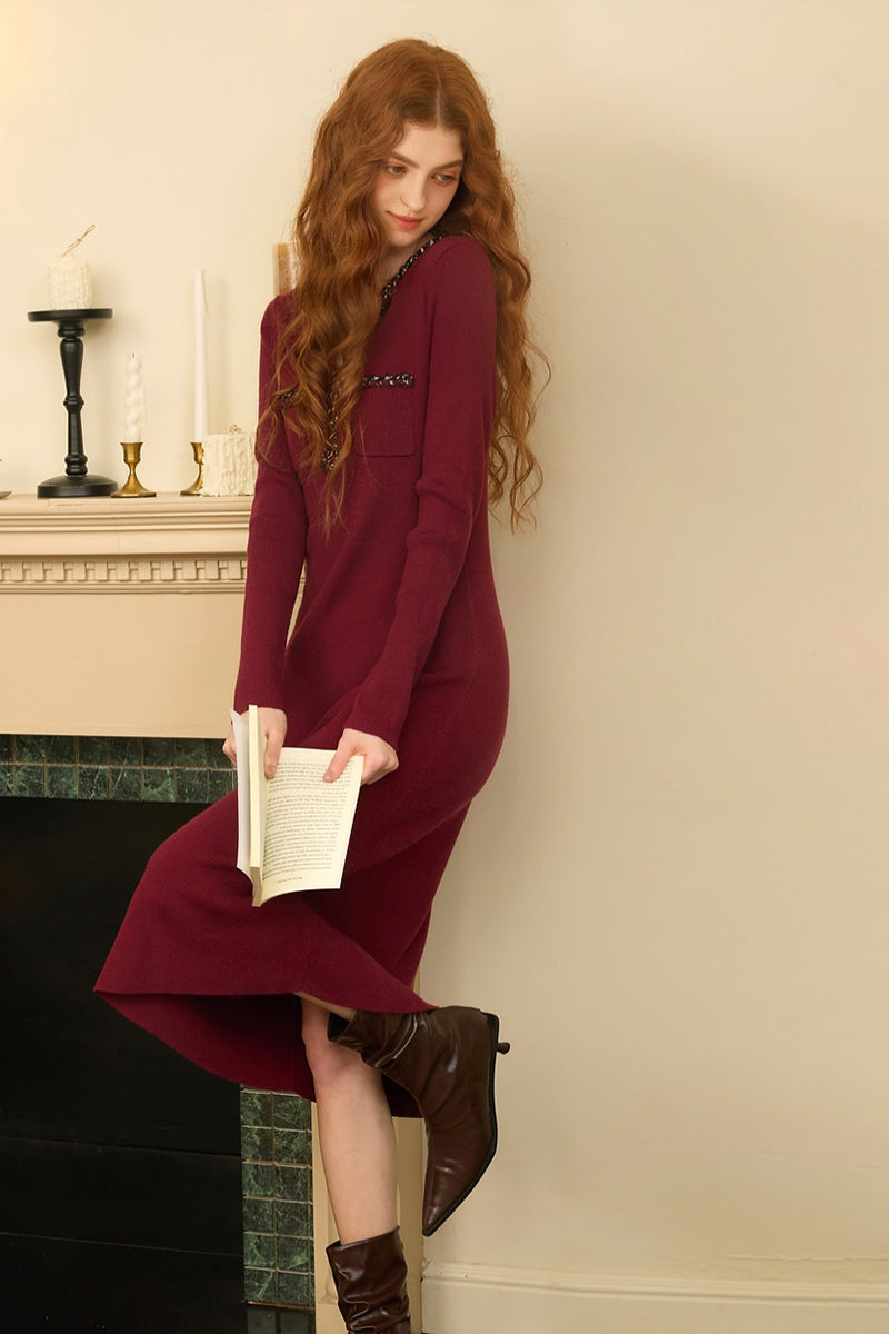 Burgundy Long Sleeve V-Neck Midi Sweater Dress