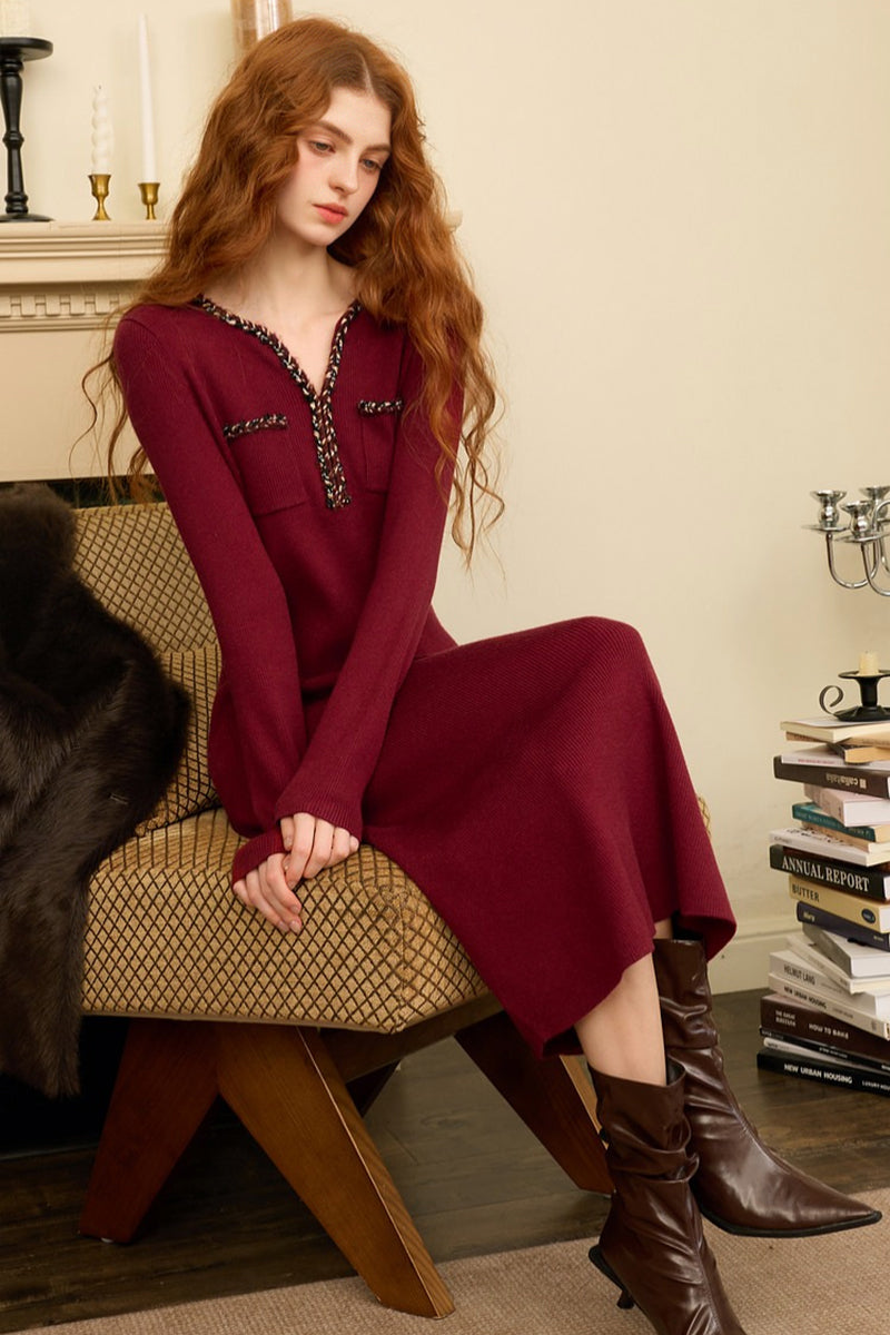 Burgundy Long Sleeve V-Neck Midi Sweater Dress