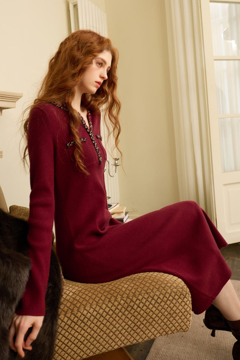Burgundy Long Sleeve V-Neck Midi Sweater Dress