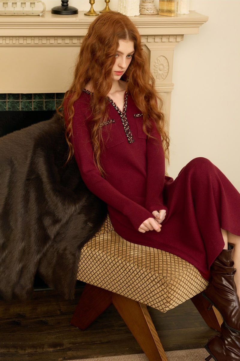 Burgundy Long Sleeve V-Neck Midi Sweater Dress