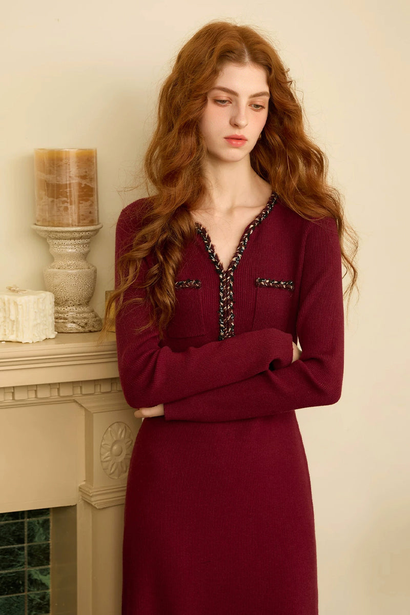 Burgundy Long Sleeve V-Neck Midi Sweater Dress