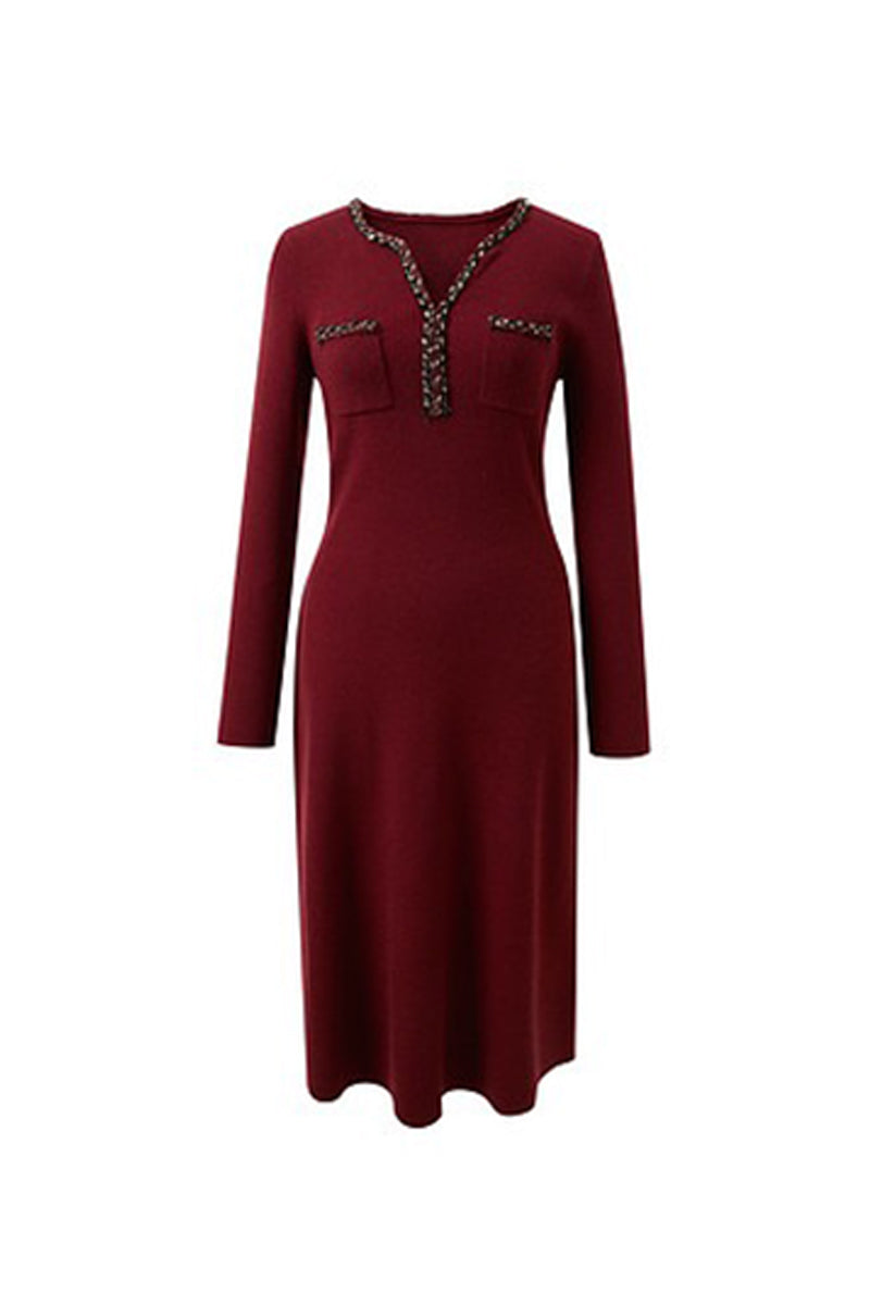 Burgundy Long Sleeve V-Neck Midi Sweater Dress