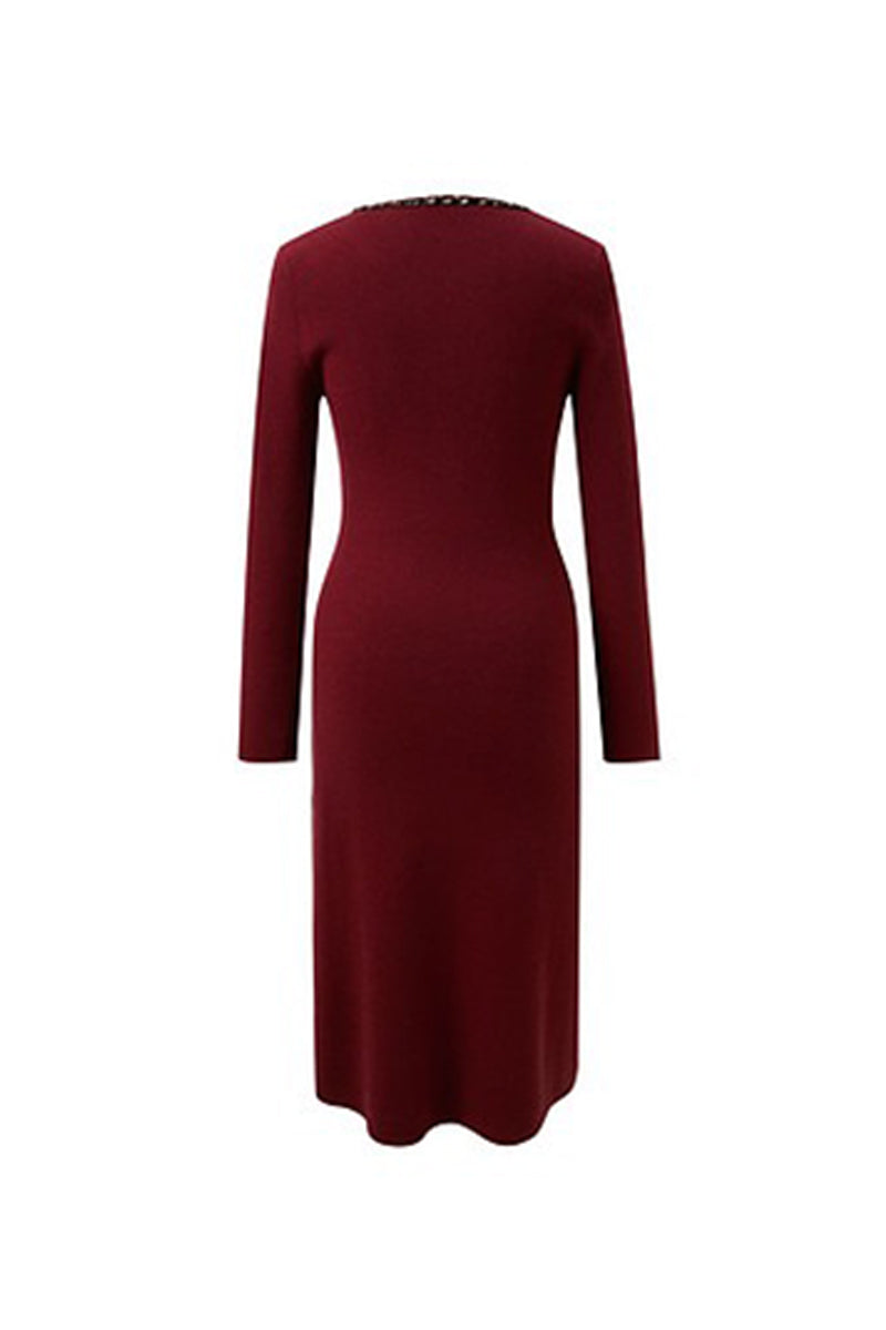 Burgundy Long Sleeve V-Neck Midi Sweater Dress