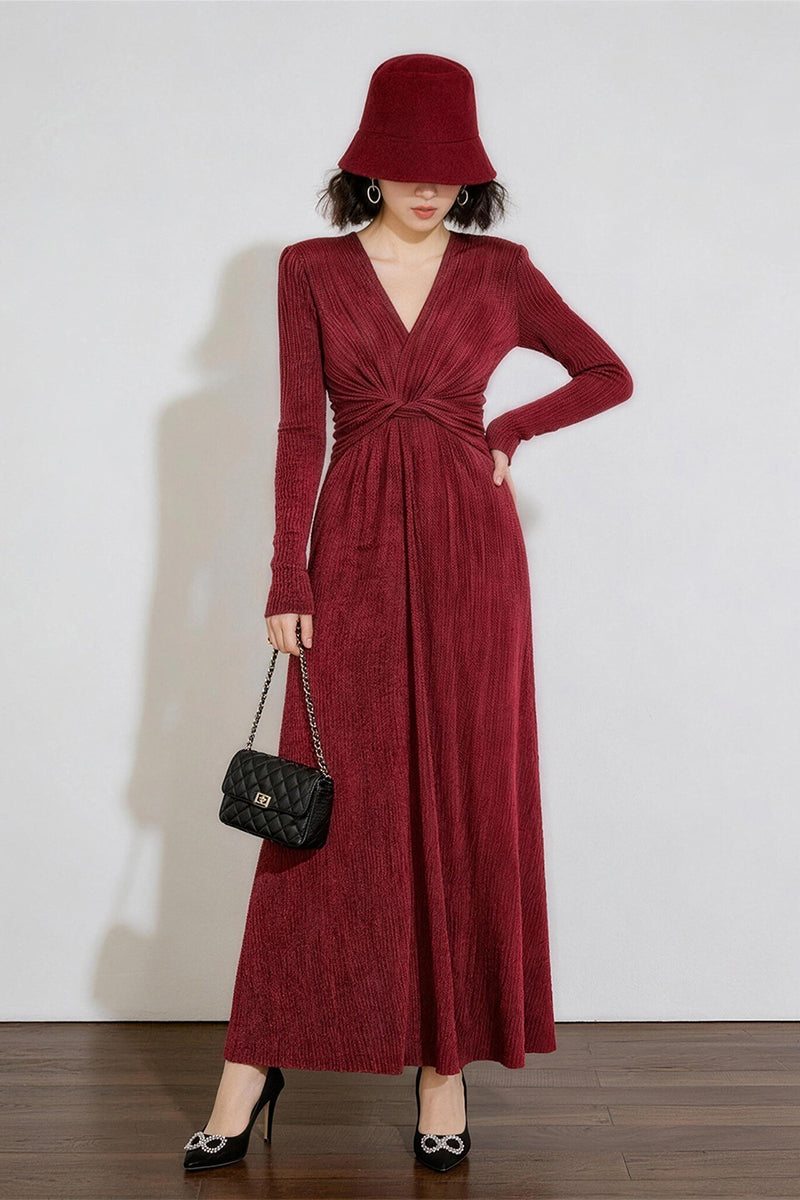 Burgundy Twist-Front Long Sleeve Maxi Dress
