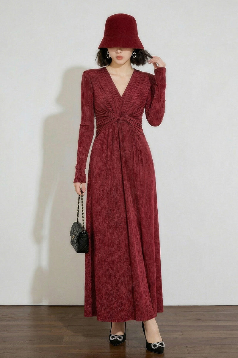 Burgundy Twist-Front Long Sleeve Maxi Dress