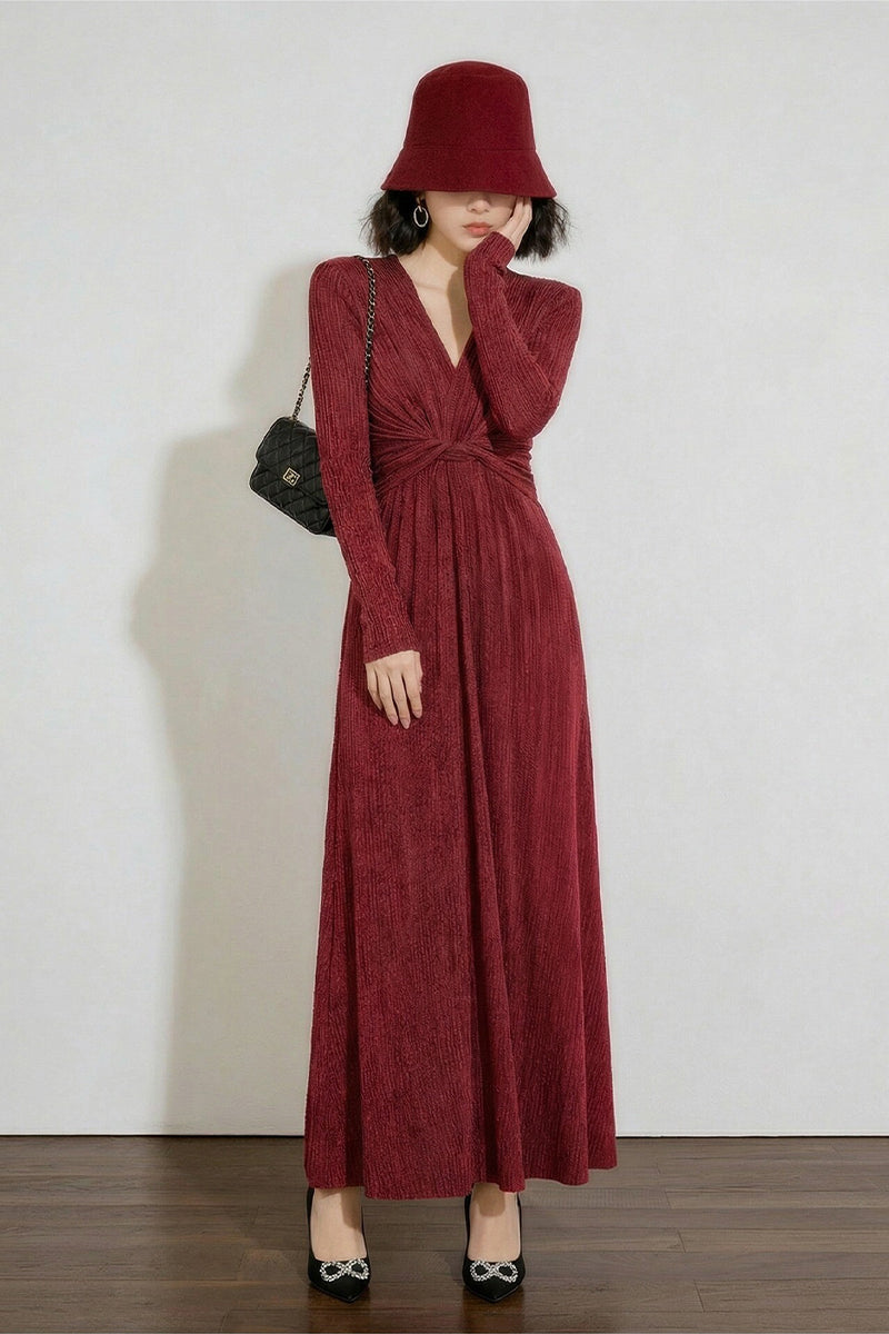 Burgundy Twist-Front Long Sleeve Maxi Dress