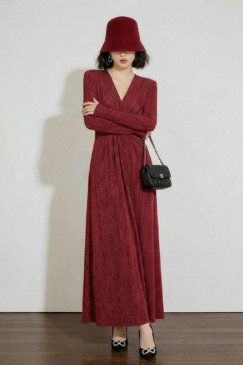 Burgundy Twist-Front Long Sleeve Maxi Dress