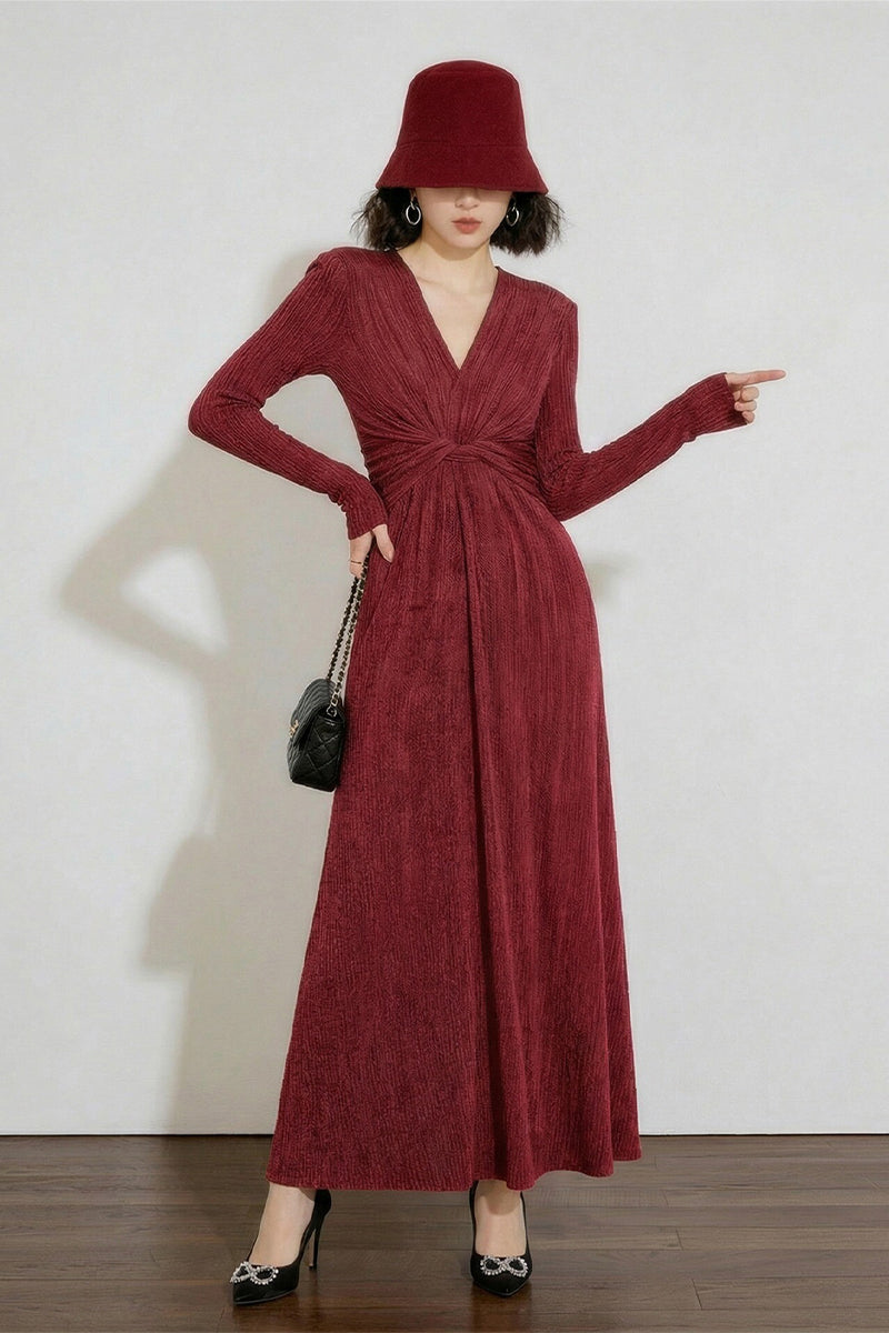 Burgundy Twist-Front Long Sleeve Maxi Dress