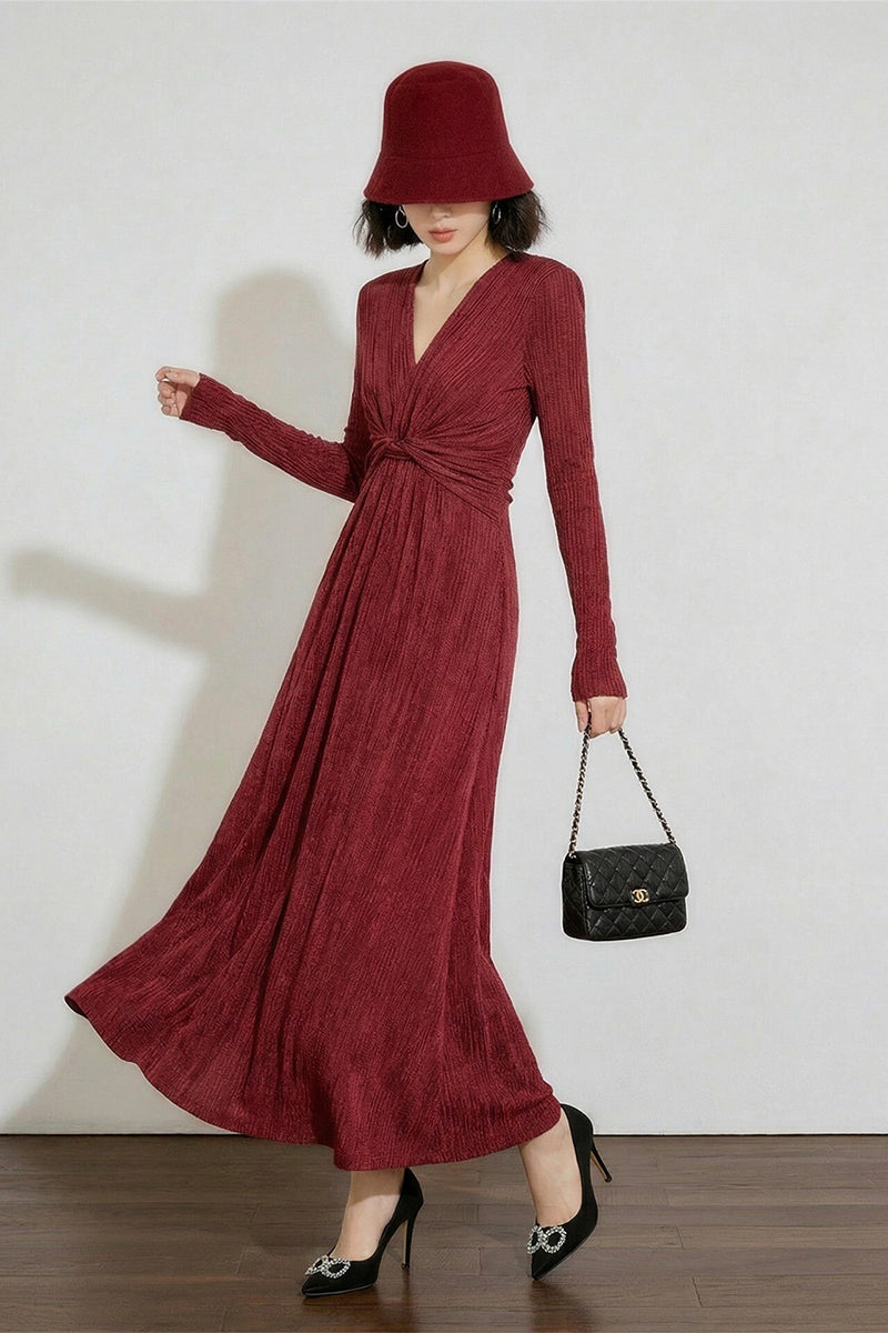 Burgundy Twist-Front Long Sleeve Maxi Dress