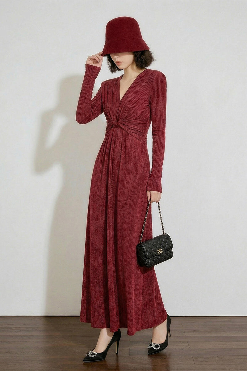Burgundy Twist-Front Long Sleeve Maxi Dress