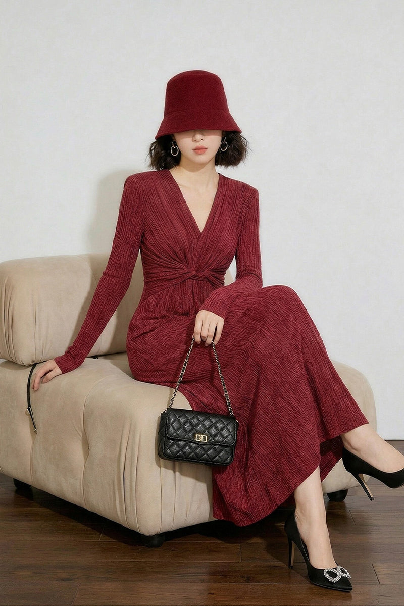 Burgundy Twist-Front Long Sleeve Maxi Dress