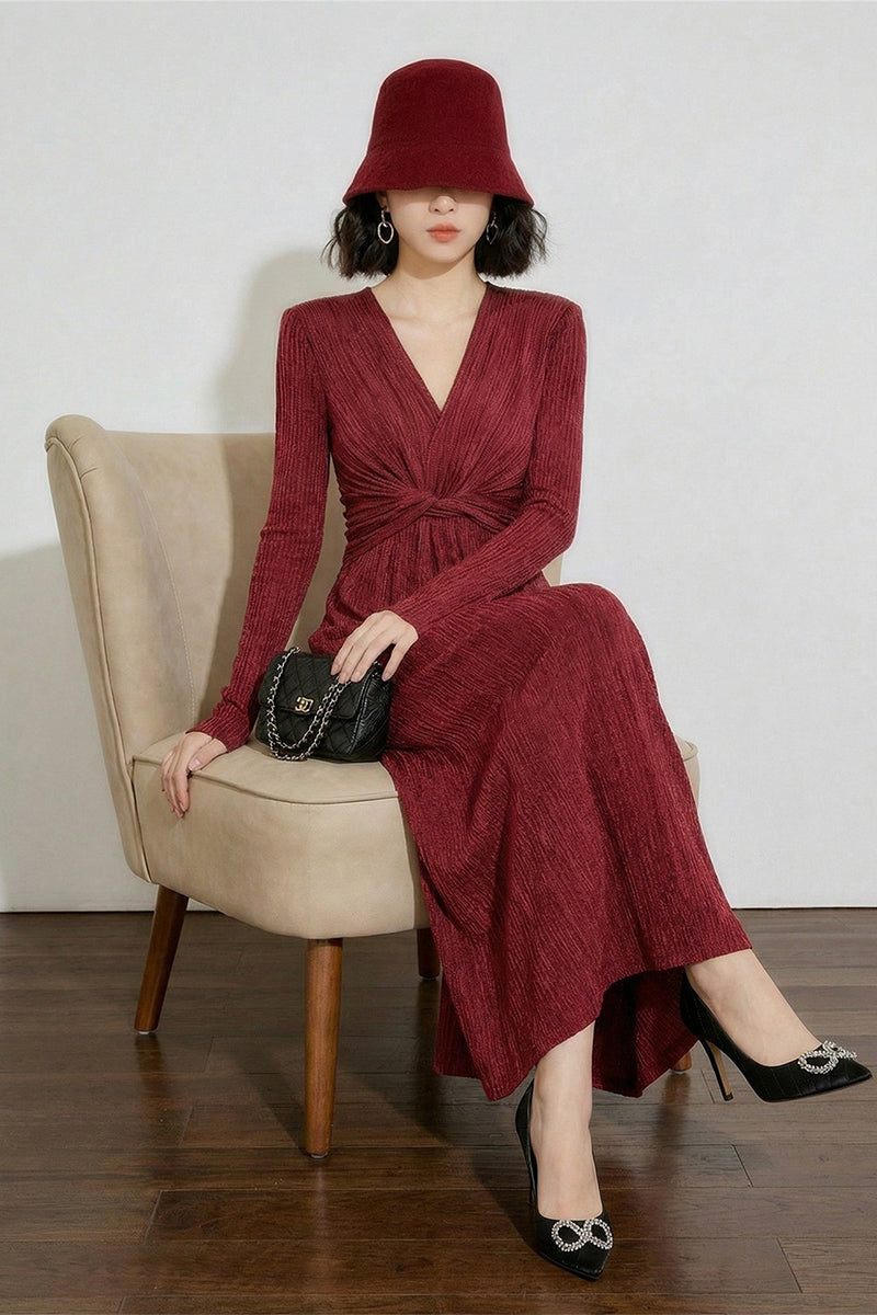 Burgundy Twist-Front Long Sleeve Maxi Dress
