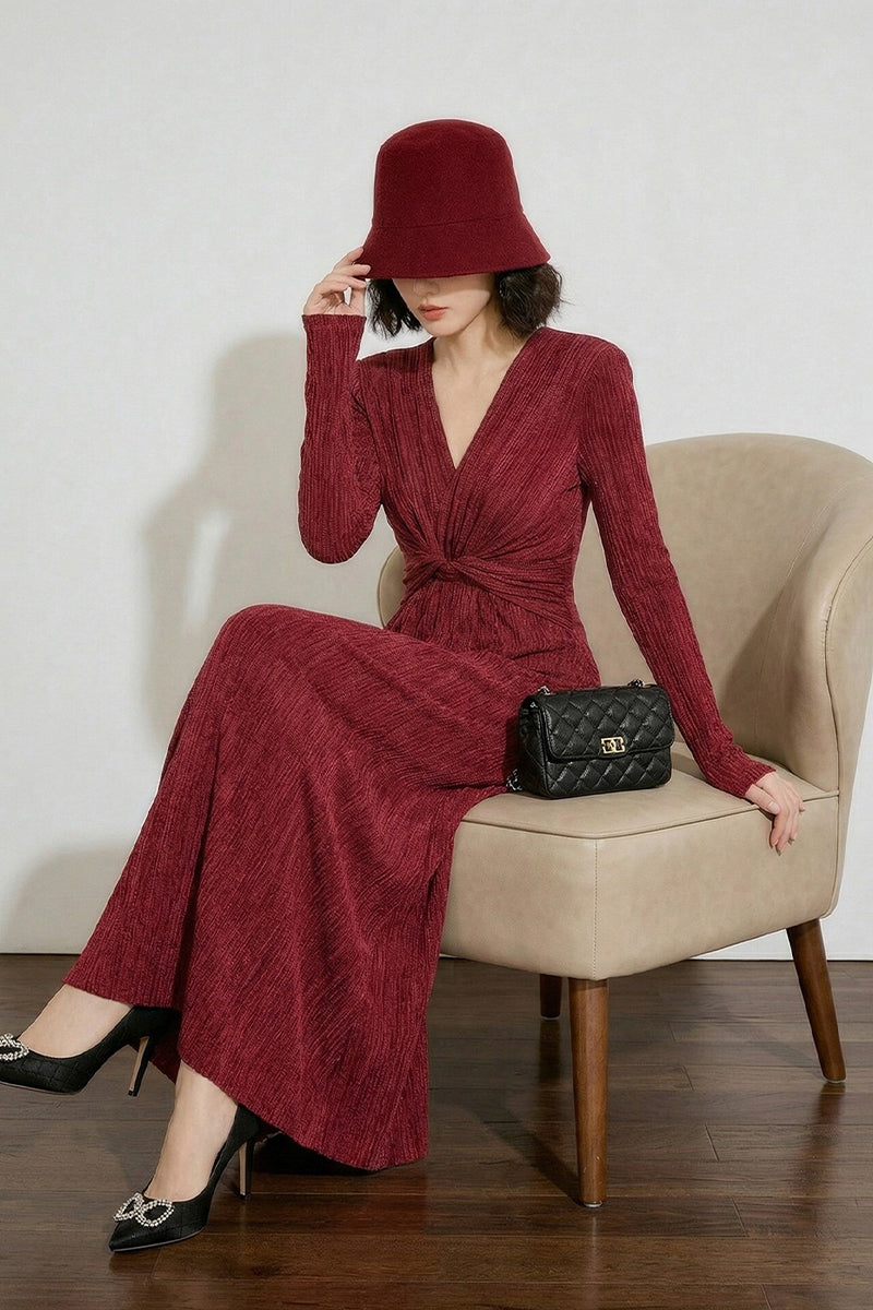 Burgundy Twist-Front Long Sleeve Maxi Dress