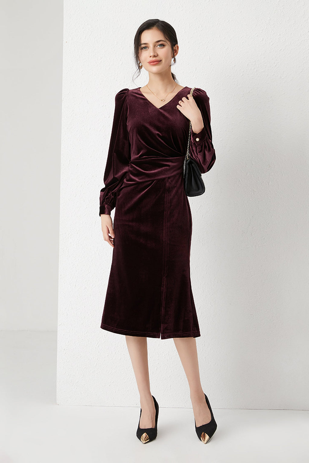 Burgundy Velvet Long Sleeve V-Neck Midi Dress