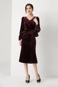 Burgundy Velvet Long Sleeve V-Neck Midi Dress